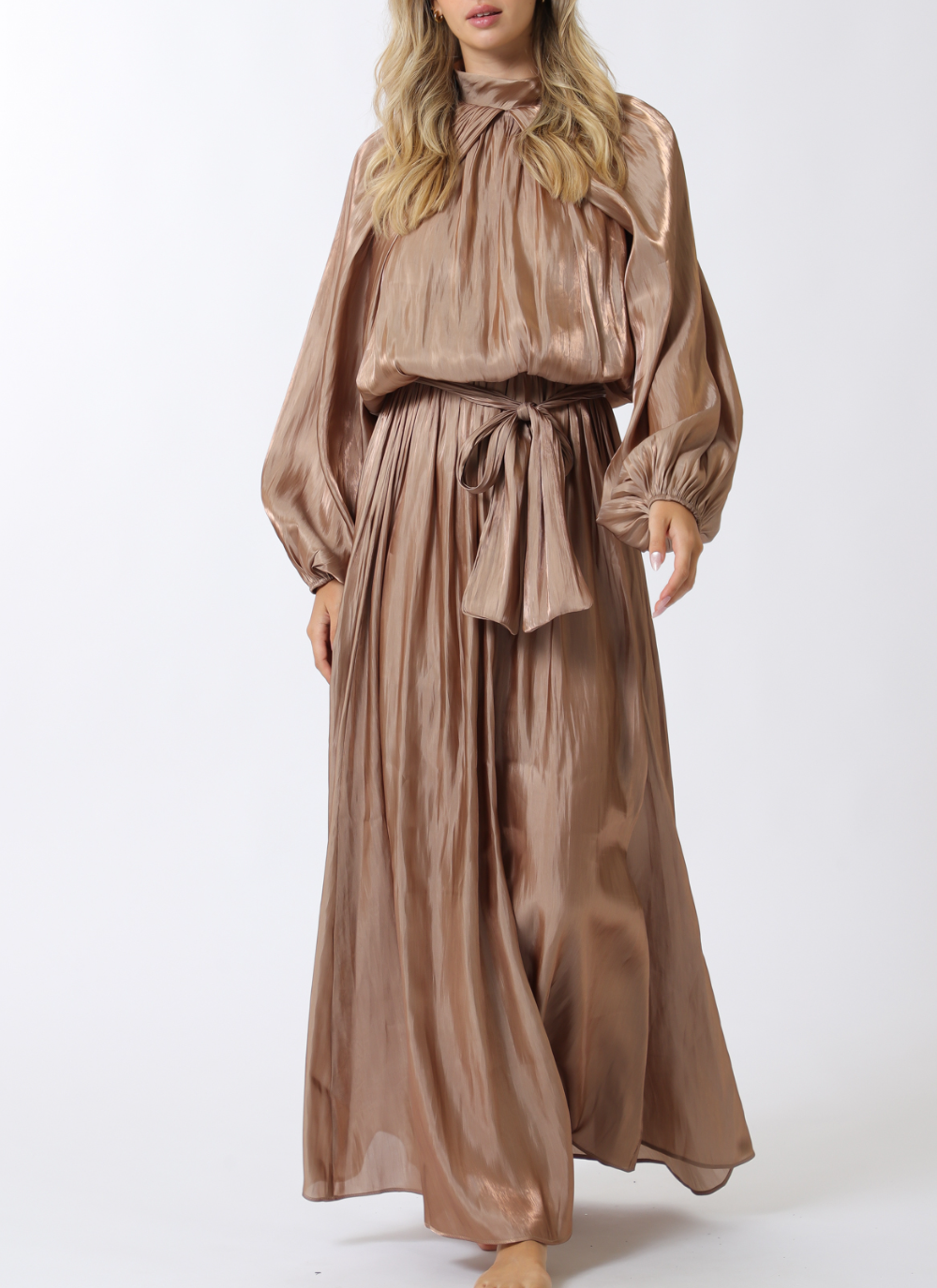 Long Sleeve Elastic Back Organza Maxi Dress Medium / Mocha