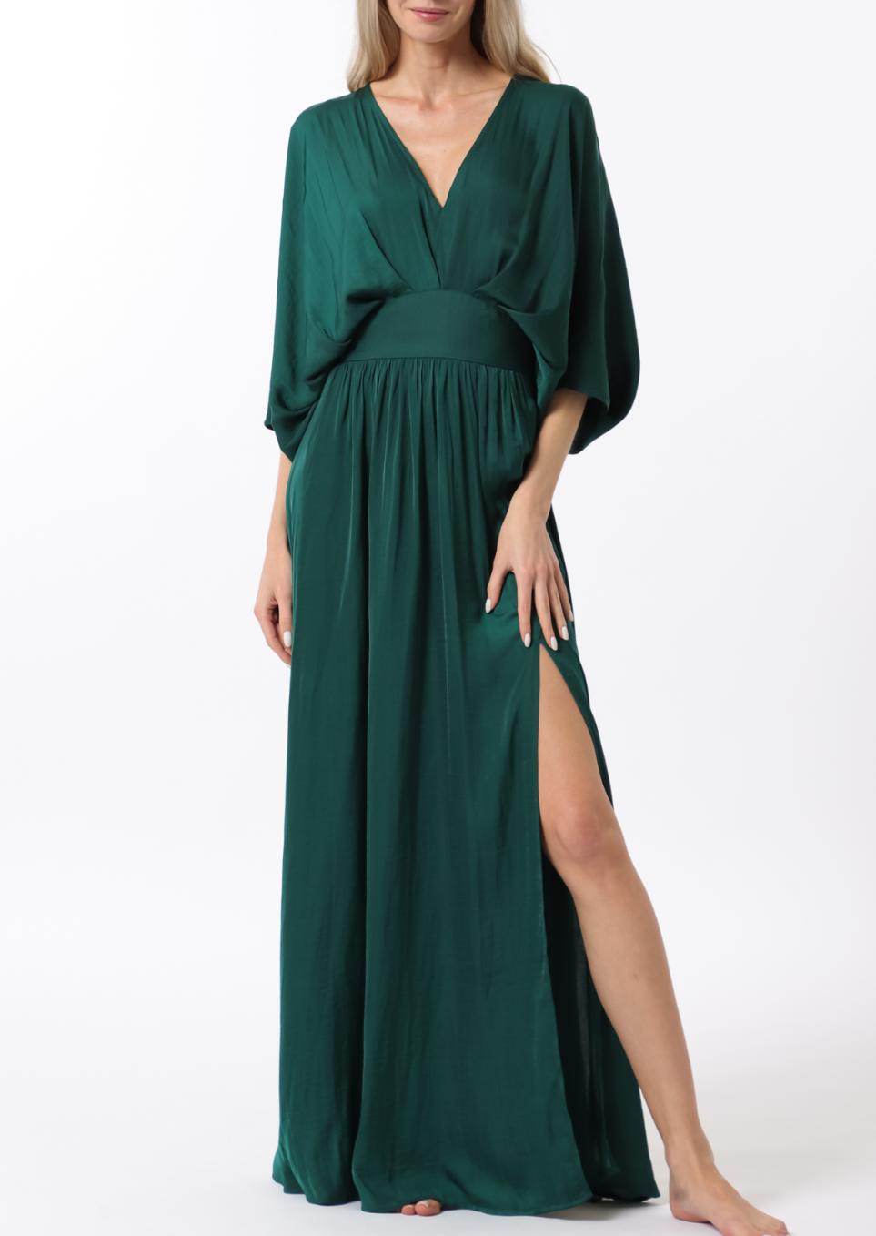 Kimono Sleeve Elastic Back Waisted Maxi Dress Large / Hunter Green