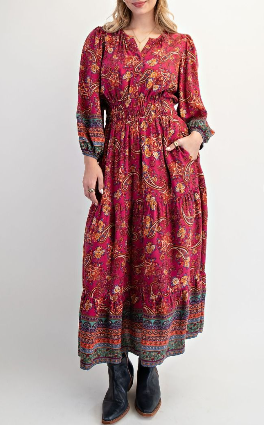 midi dress rayon Border Printed Rayon Challis Maxi Dress Small / Magenta