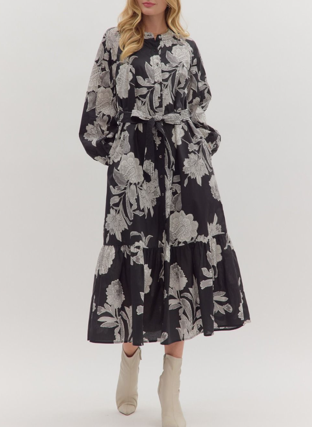 Floral Print Long Sleeve Midi Dress Small / Black