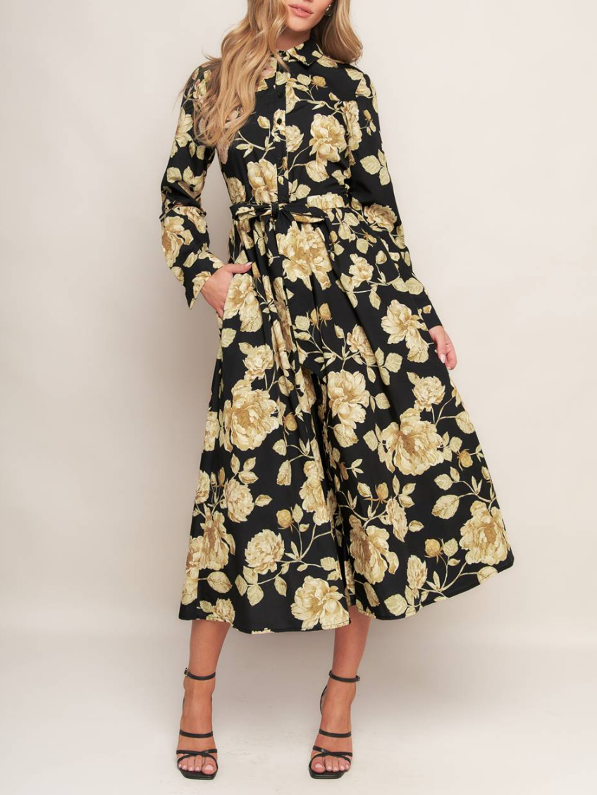 knee length dresses for ladies Floral Printed Long Sleeve Button Down Midi Dress Small / Black