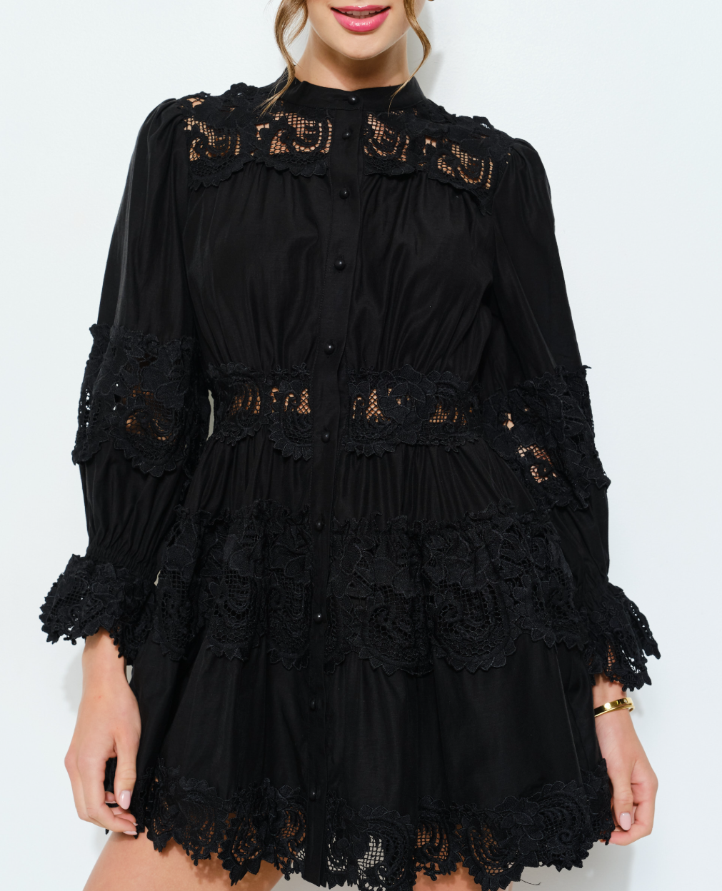 Delicate Lace-Panel Button-Up Flare Mini Dress Medium / Black Delicate Lace-Panel Button-Up Flare Mini Dress Medium / Black