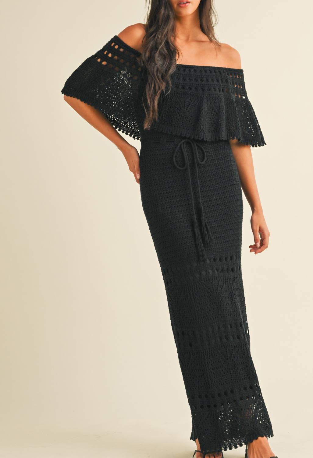 crochet dress off the shoulder Knit Crochet Off-Shoulder Maxi Dress – Azure & Lavender
