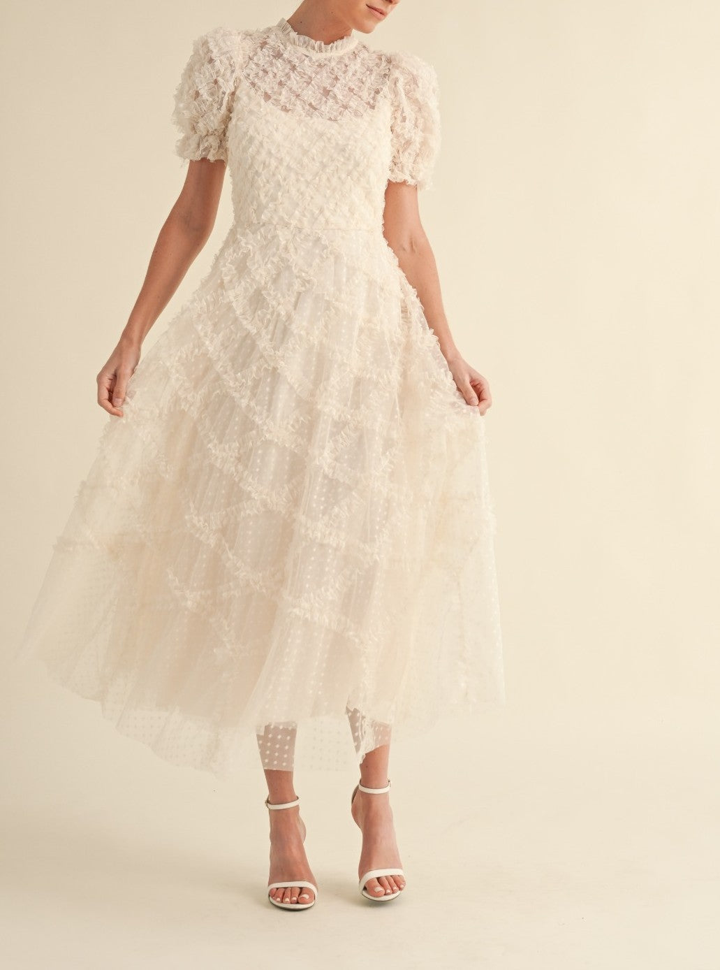 Ruffle Frill Detailed Swiss Dot Mesh Midi Dress Large / Cream