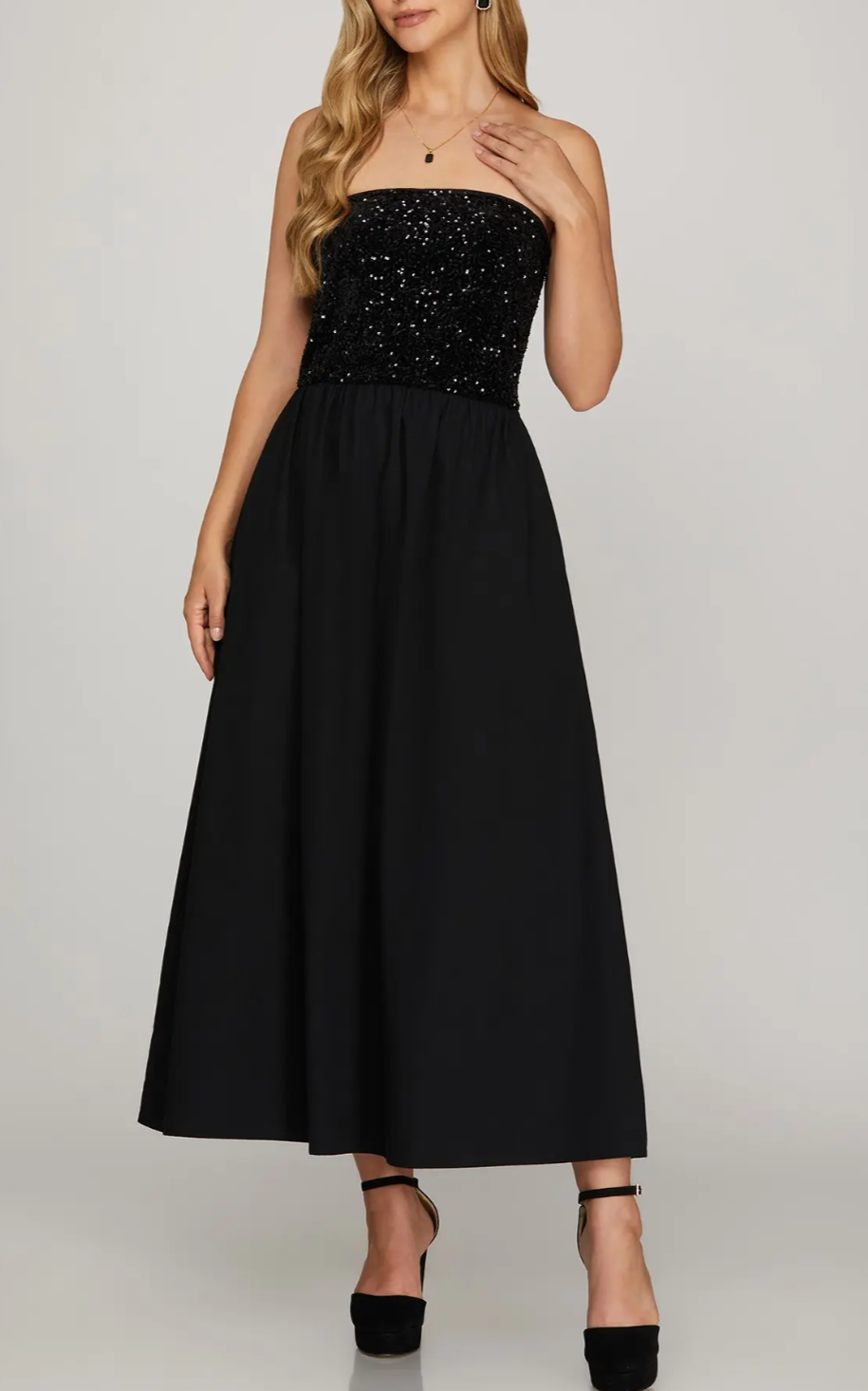 maxi dress with sequin top Black Tulle Maxi Dress With Sequin Top And Criss Cross Back
