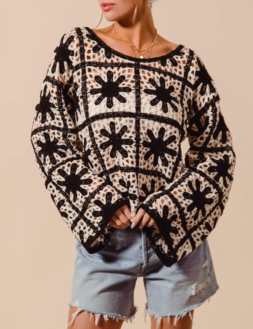 Flower Pattern Crochet Knit Loose Fit Top – Azure & Lavender