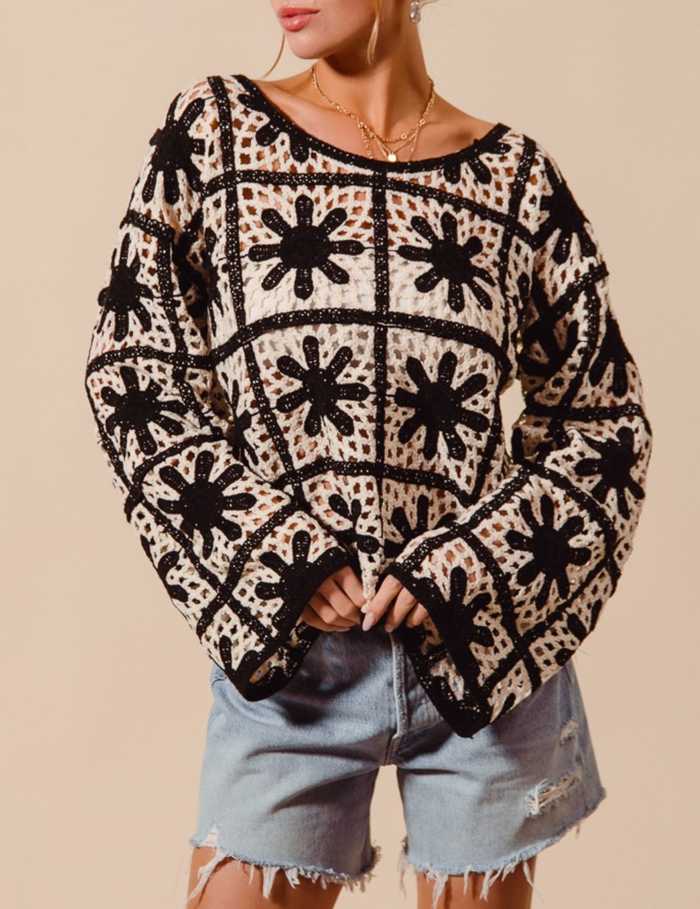 Flower Pattern Crochet Knit Loose Fit Top