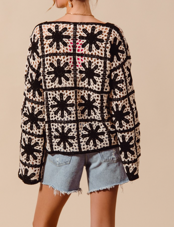 Flower Pattern Crochet Knit Loose Fit Top