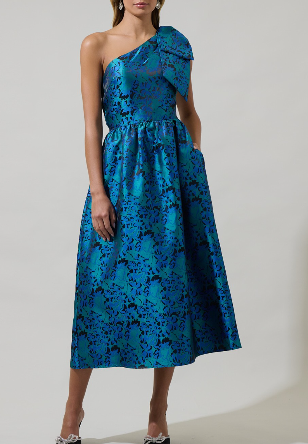 open lace back dress Jacquard Floral Miley Bow Midi Dress – Azure & Lavender