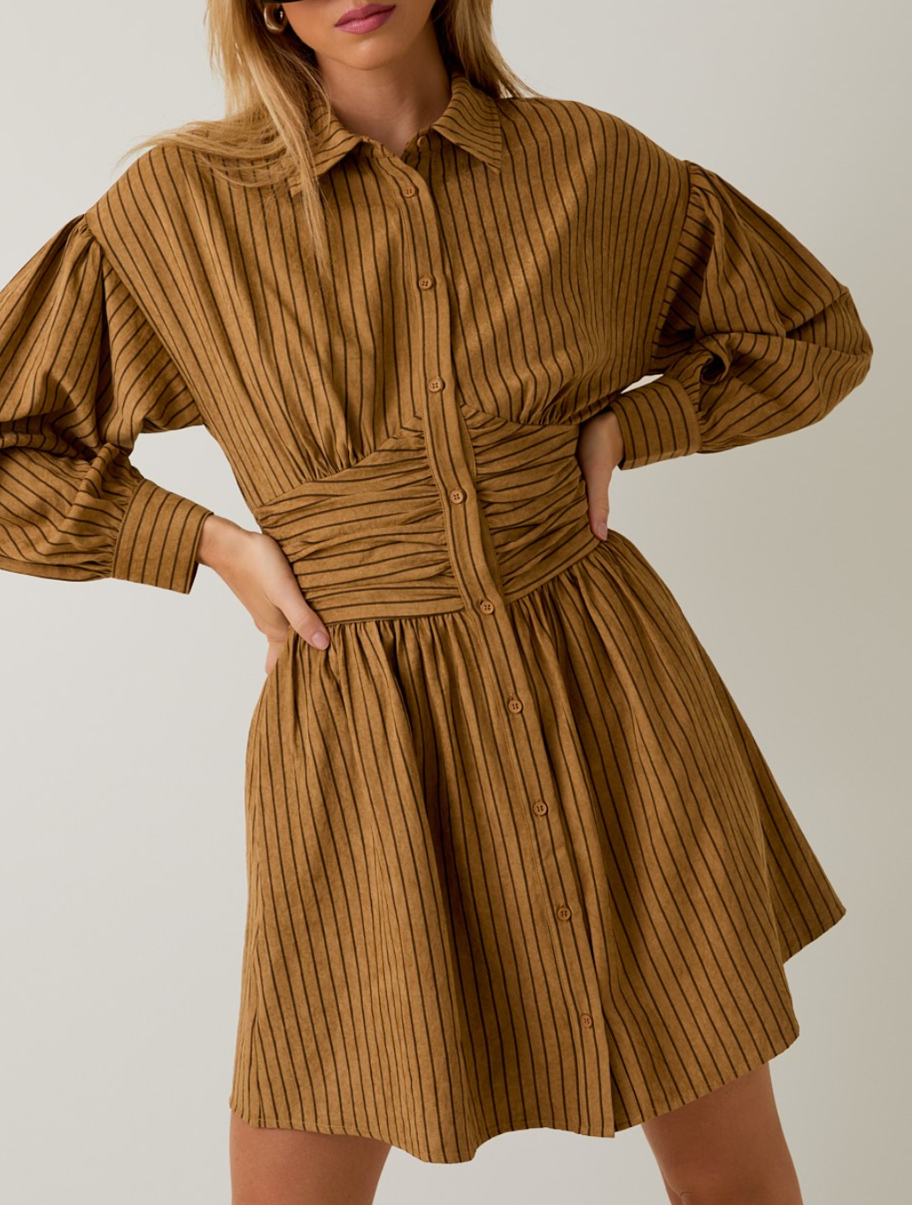 Waist Long Sleeve Fit and Flare Mini Dress Small / Camel Waist Long Sleeve Fit and Flare Mini Dress Small / Camel