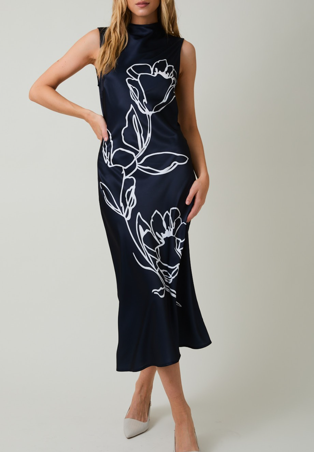 knee length dresses for ladies High-Neck Sleeveless Floral Print Midi Dress Large / Navy