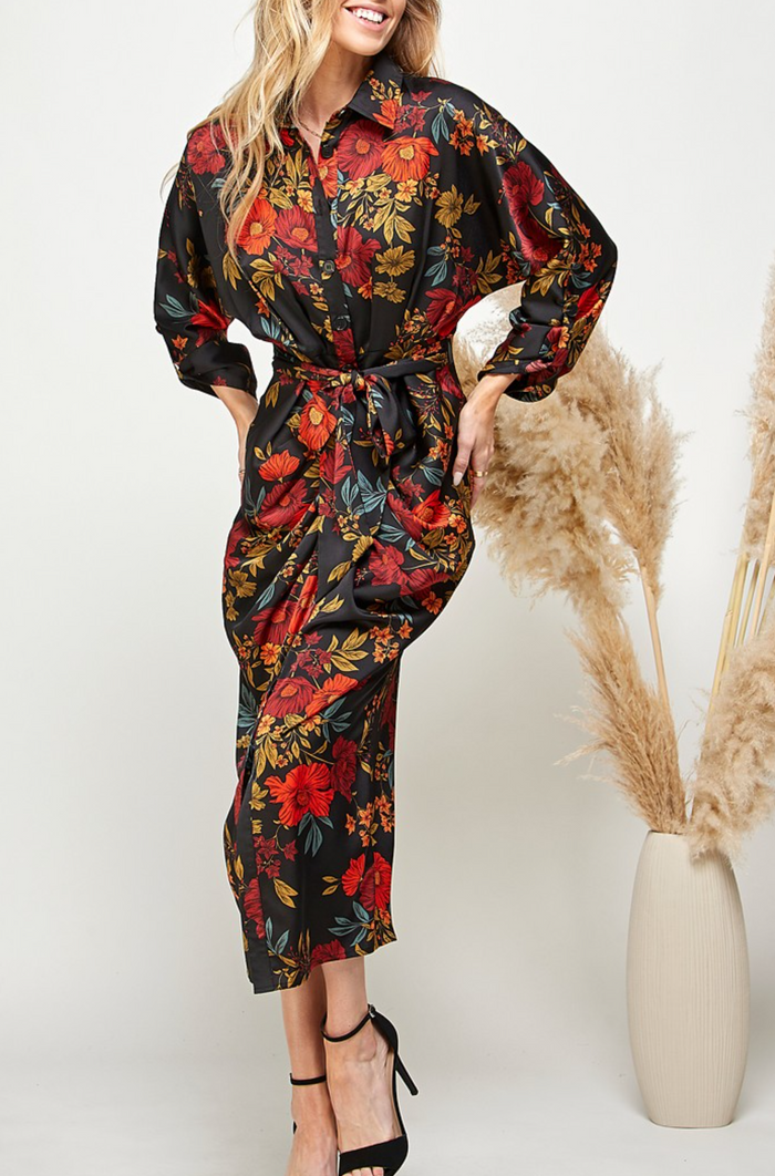 Multi Floral Print Button-Down Batwing Sleeve Dress