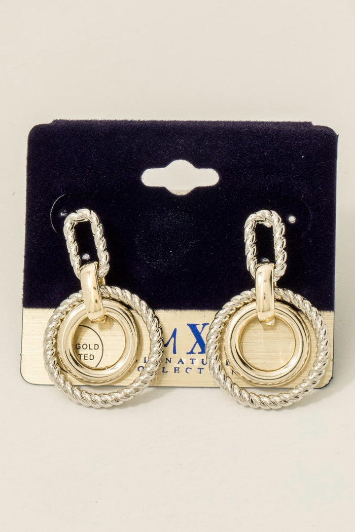 Gold Plated Two Tone Layered Hoop Dangle Earrings