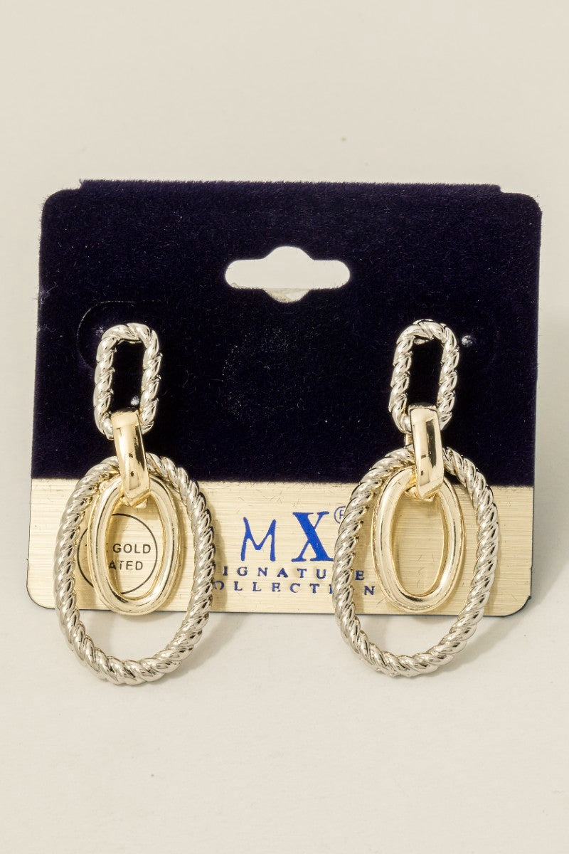 Gold Plated Two Tone Layered Oval Hoops Dangle Earrings