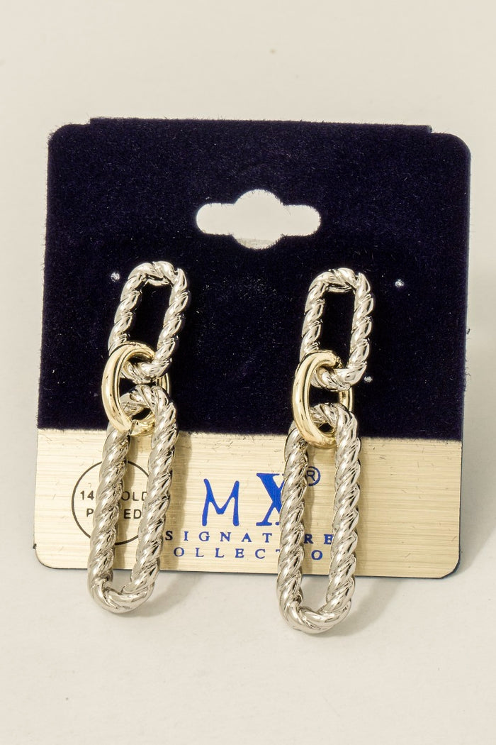 Gold Plated Two Tone Twisted Oval Chain Dangle Earrings