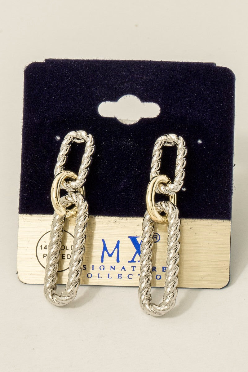 Gold Plated Two Tone Twisted Oval Chain Dangle Earrings