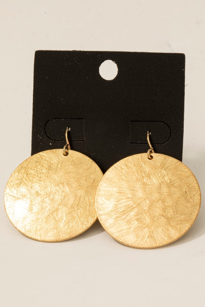 Gold Dipped Hammered And Scratched Disc Dangle Earrings