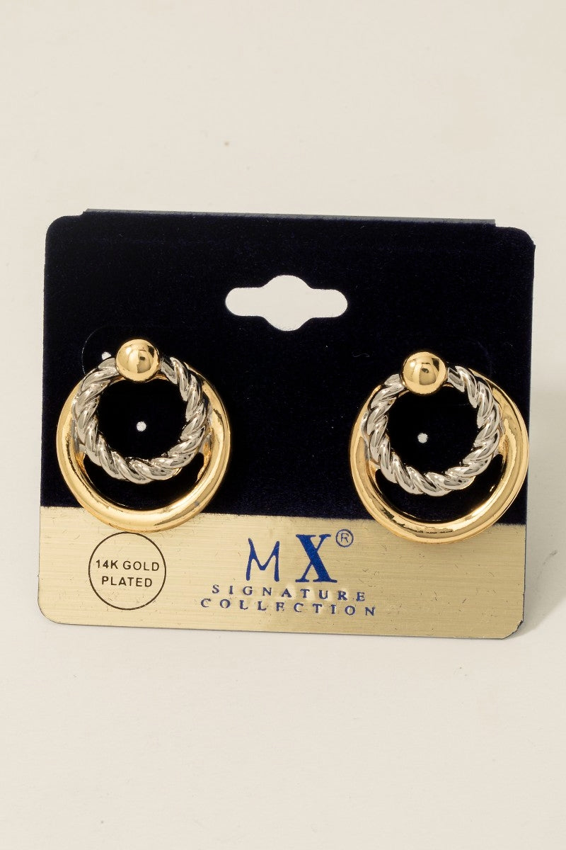 Gold Plated Two Tone Layered Hoop Stud Earrings