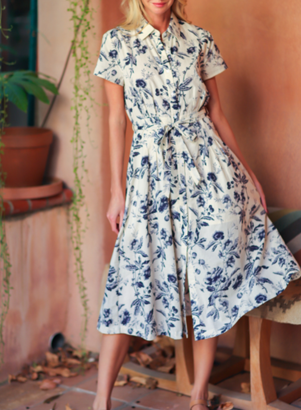 Short Sleeve Button Down Belted Midi Dress Azure Lavender