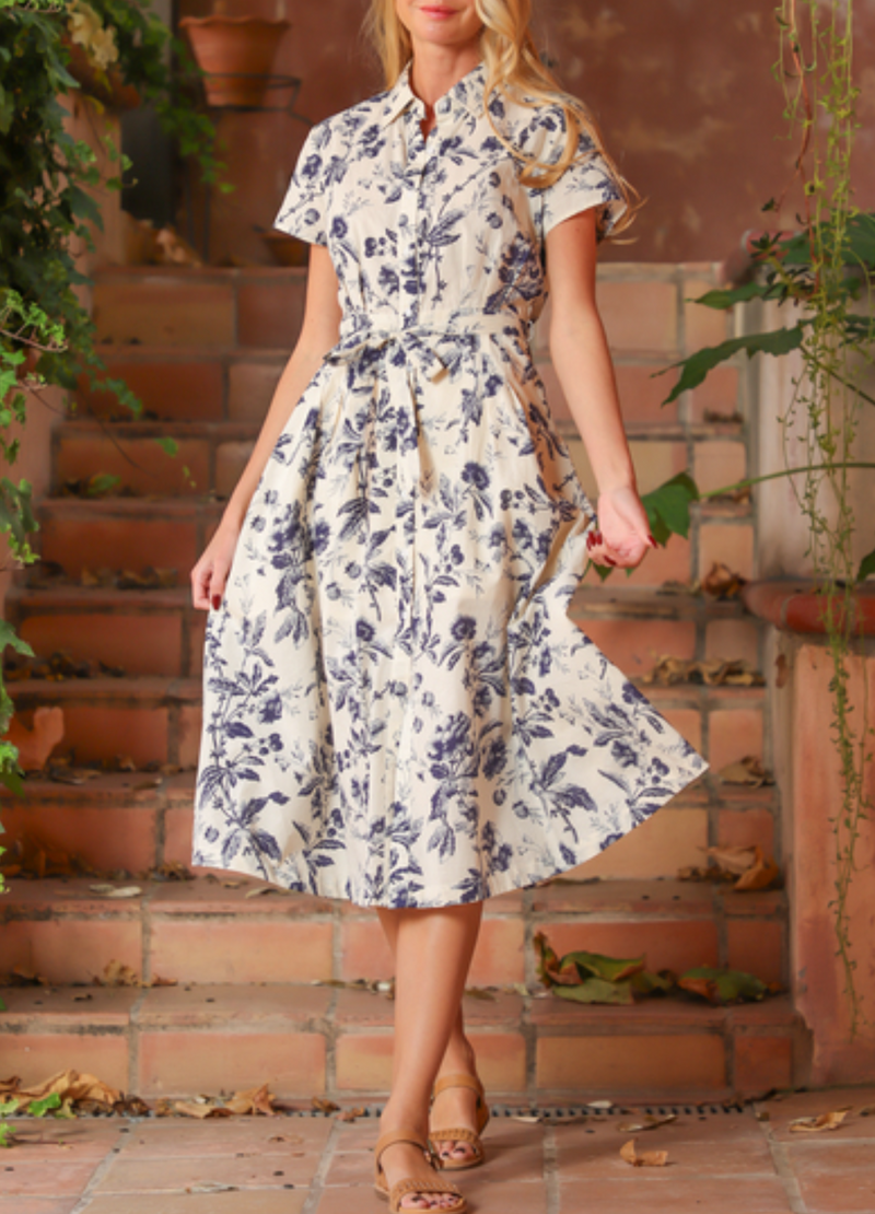 Short Sleeve Button Down Belted Midi Dress