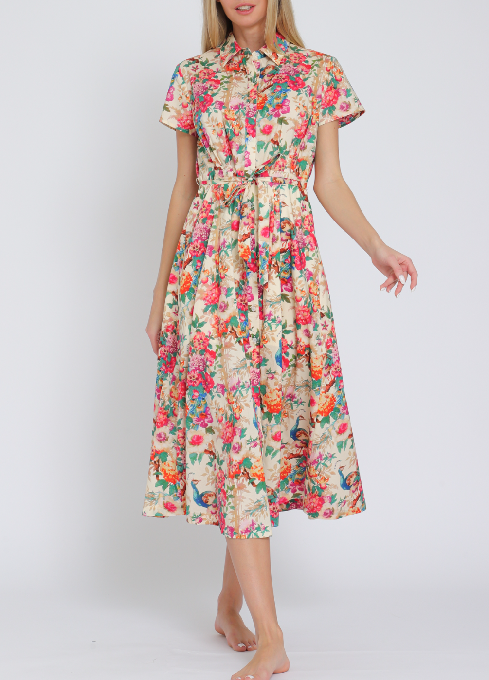 Short Sleeve Button Down Belted Midi Dress