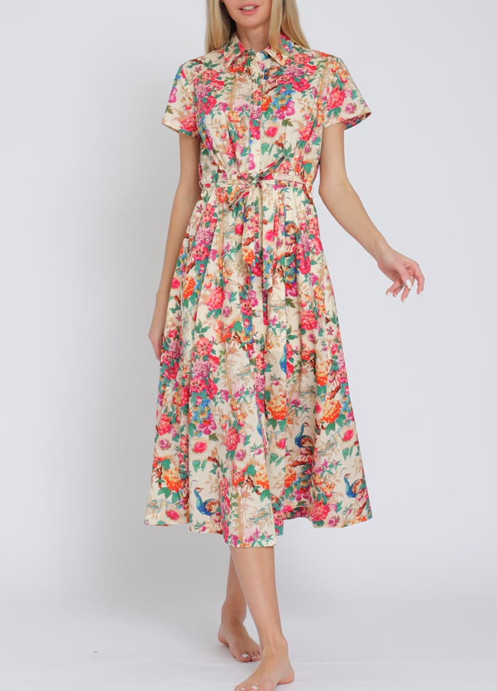 Short Sleeve Button Down Belted Midi Dress