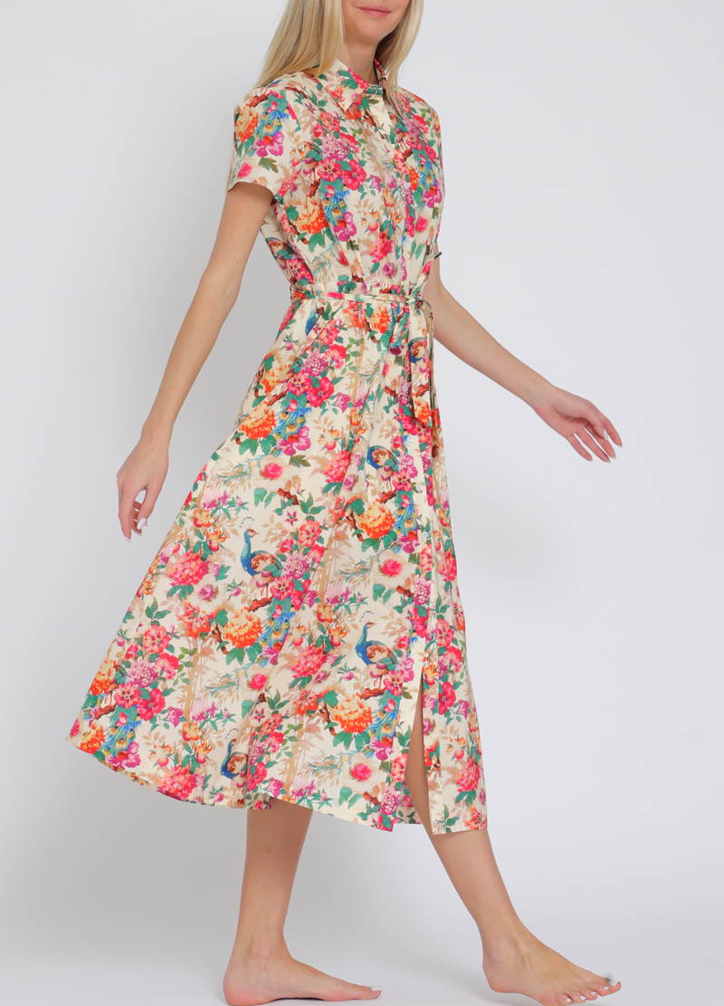 Short Sleeve Button Down Belted Midi Dress