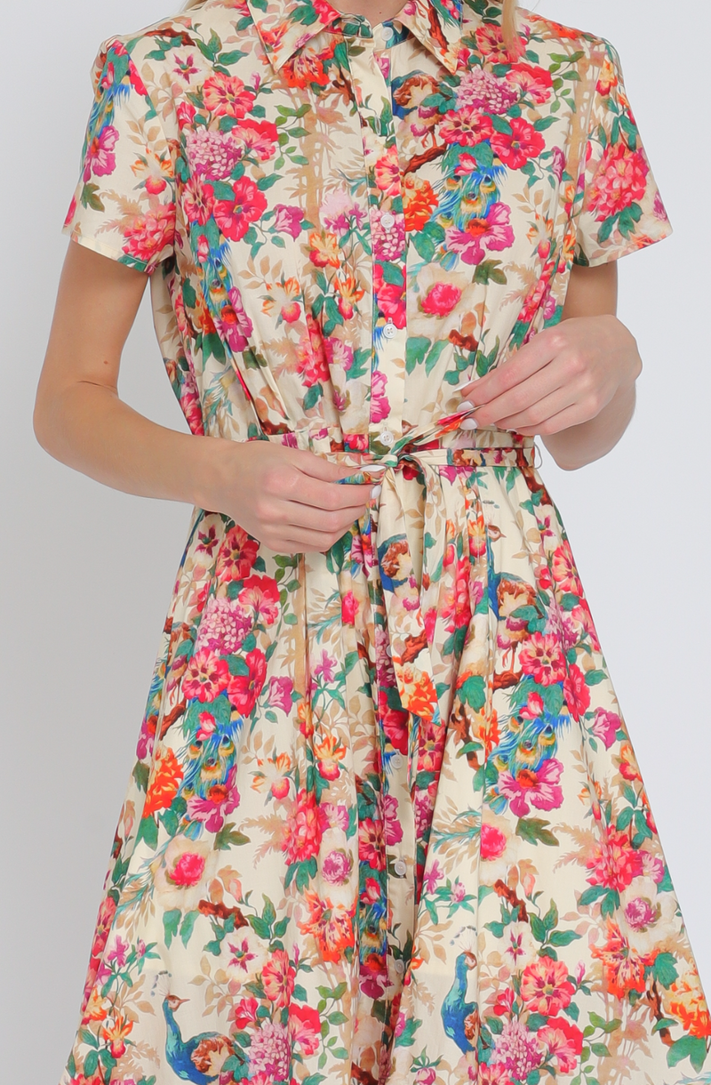 Short Sleeve Button Down Belted Midi Dress