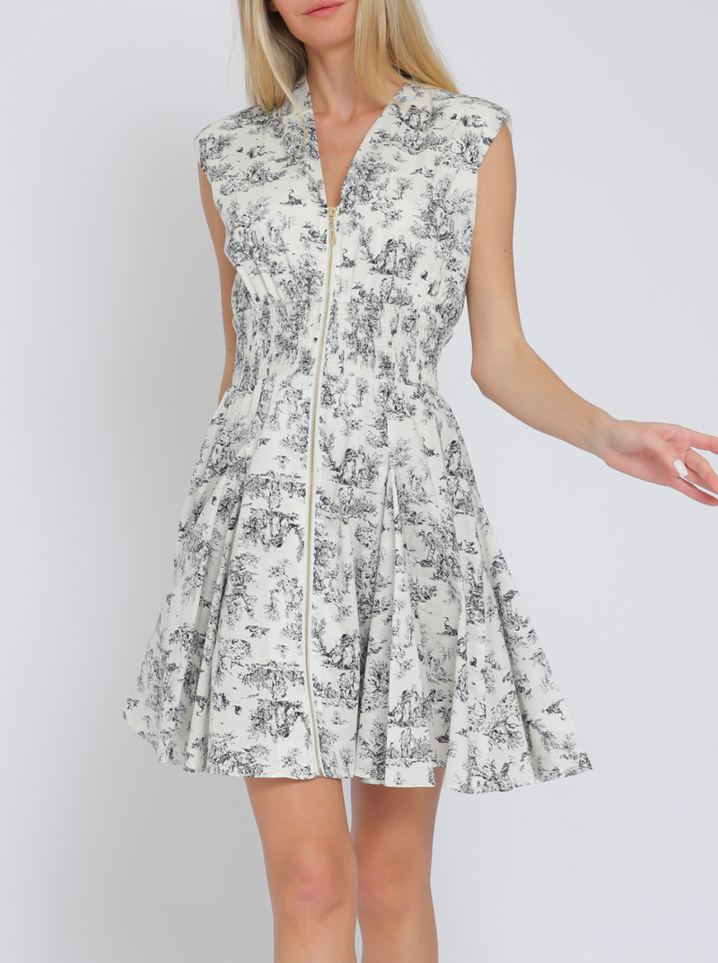 Shoulder Pad Zipper Front Elastic Waisted Mini Dress
