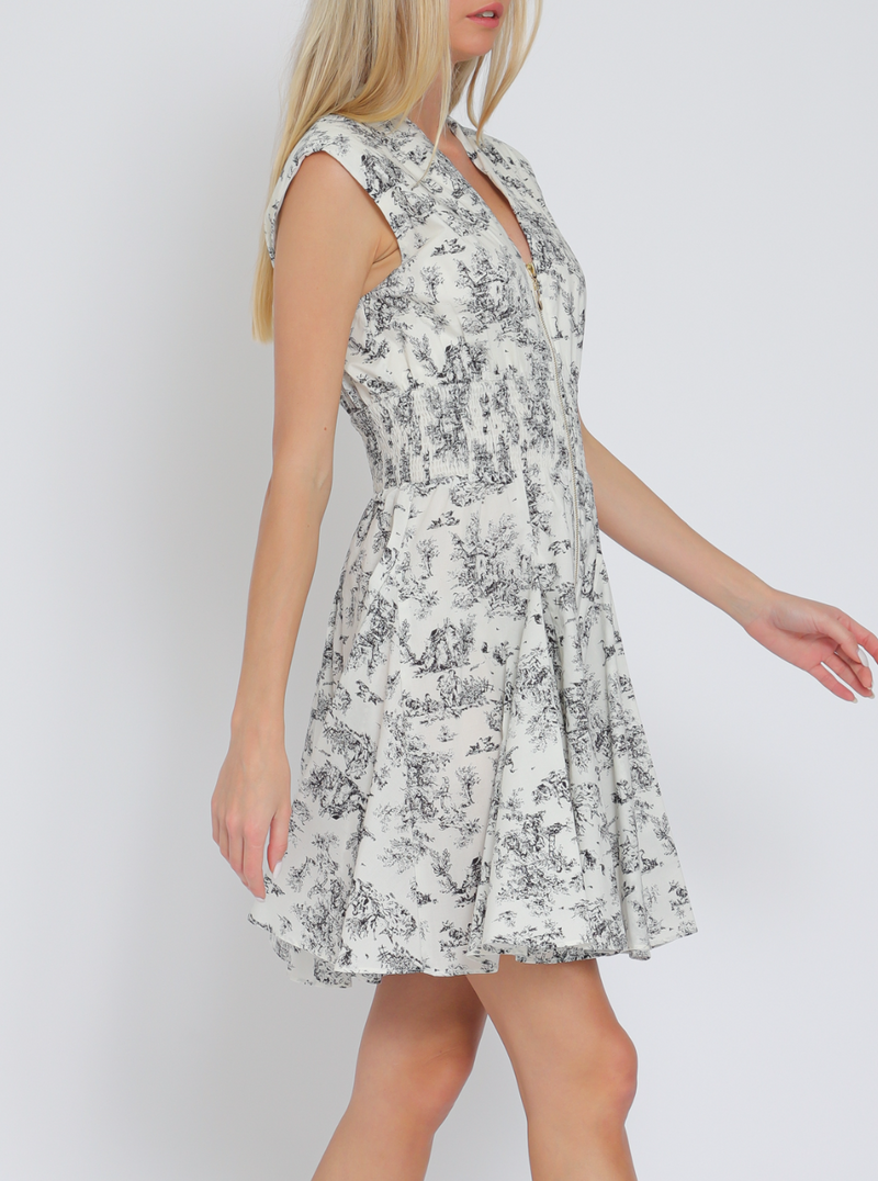 Shoulder Pad Zipper Front Elastic Waisted Mini Dress