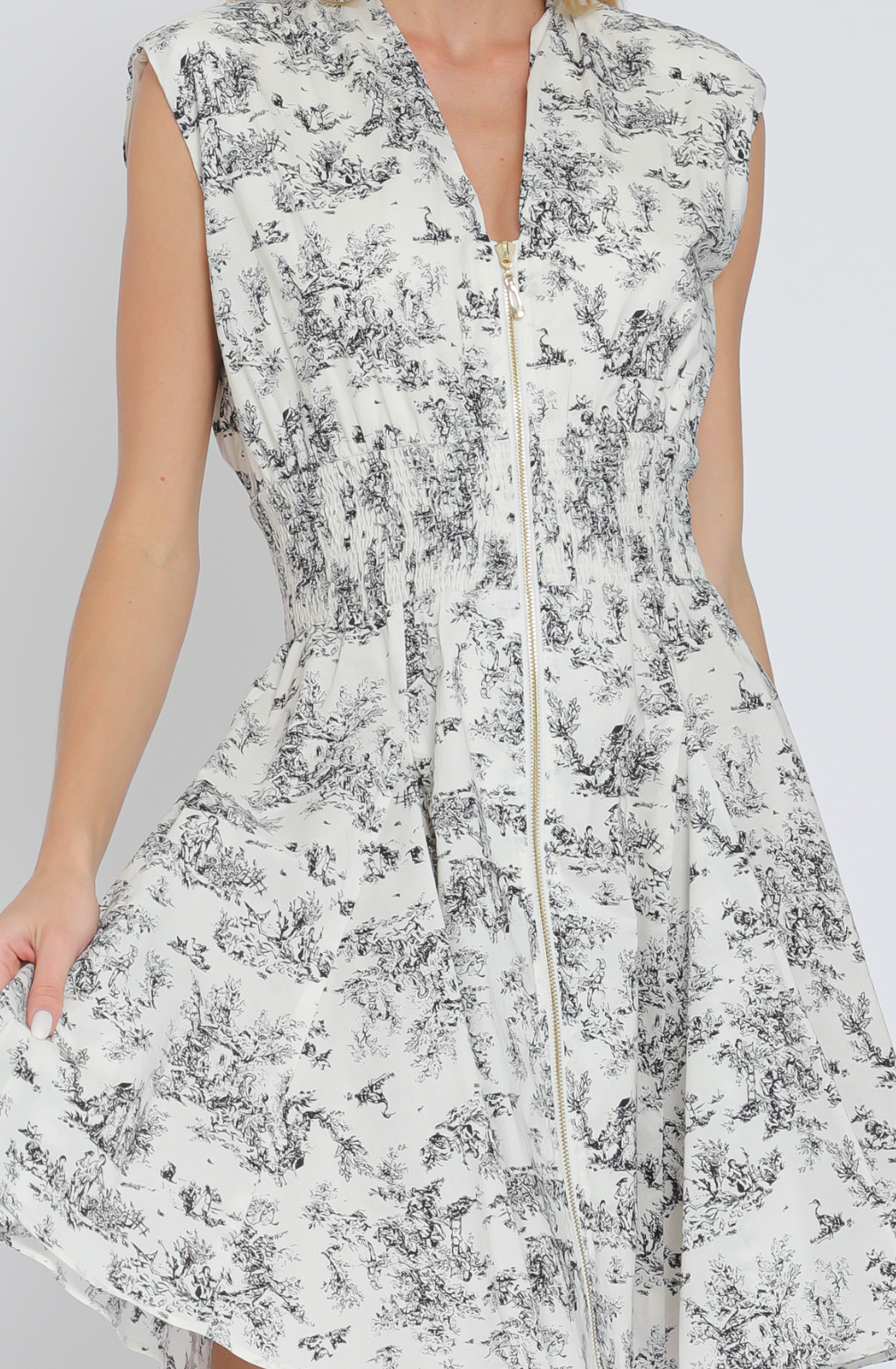 Shoulder Pad Zipper Front Elastic Waisted Mini Dress
