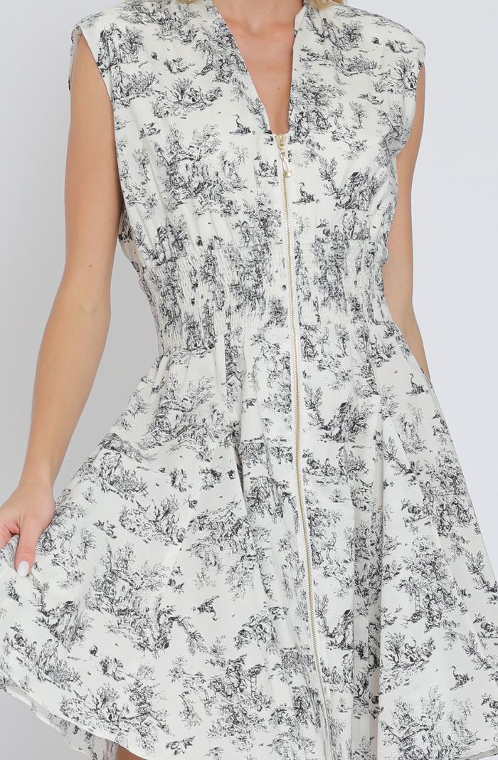 Shoulder Pad Zipper Front Elastic Waisted Mini Dress