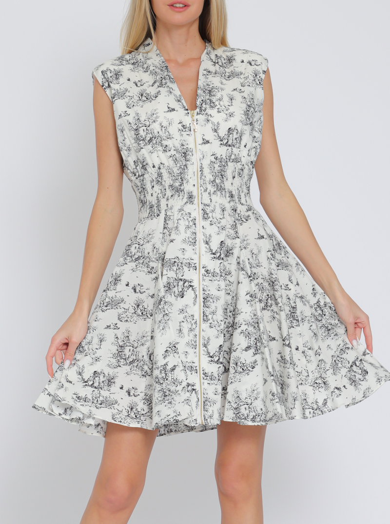 Shoulder Pad Zipper Front Elastic Waisted Mini Dress
