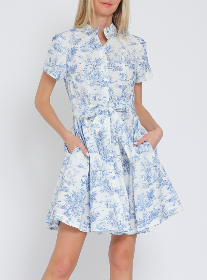 Short Sleeve Button Down Belted Mini Dress – Azure & Lavender Short Sleeve Button Down Belted Mini Dress – Azure & Lavender