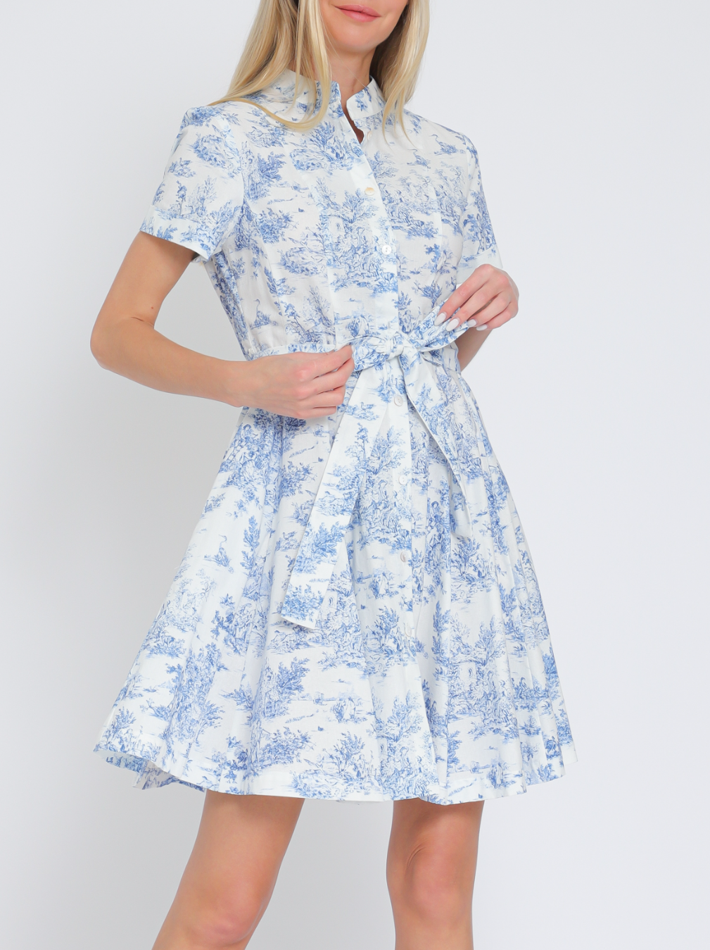 Short Sleeve Button Down Belted Mini Dress Azure & Lavender Short Sleeve Button Down Belted Mini Dress Azure & Lavender
