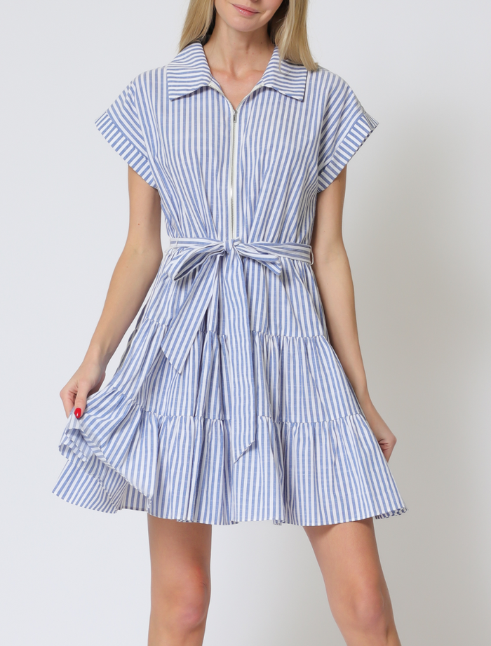 Short Dolman Sleeve Center Front Zipper Tiered Stripe Mini