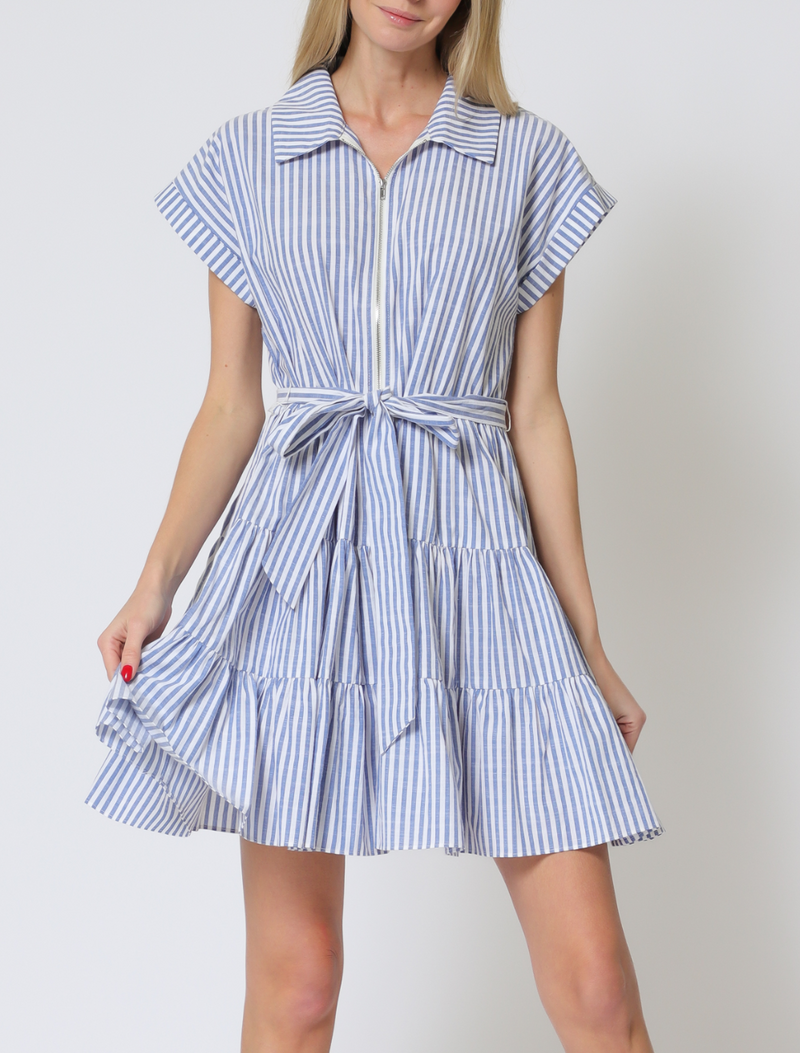 Short Dolman Sleeve Center Front Zipper Tiered Stripe Mini