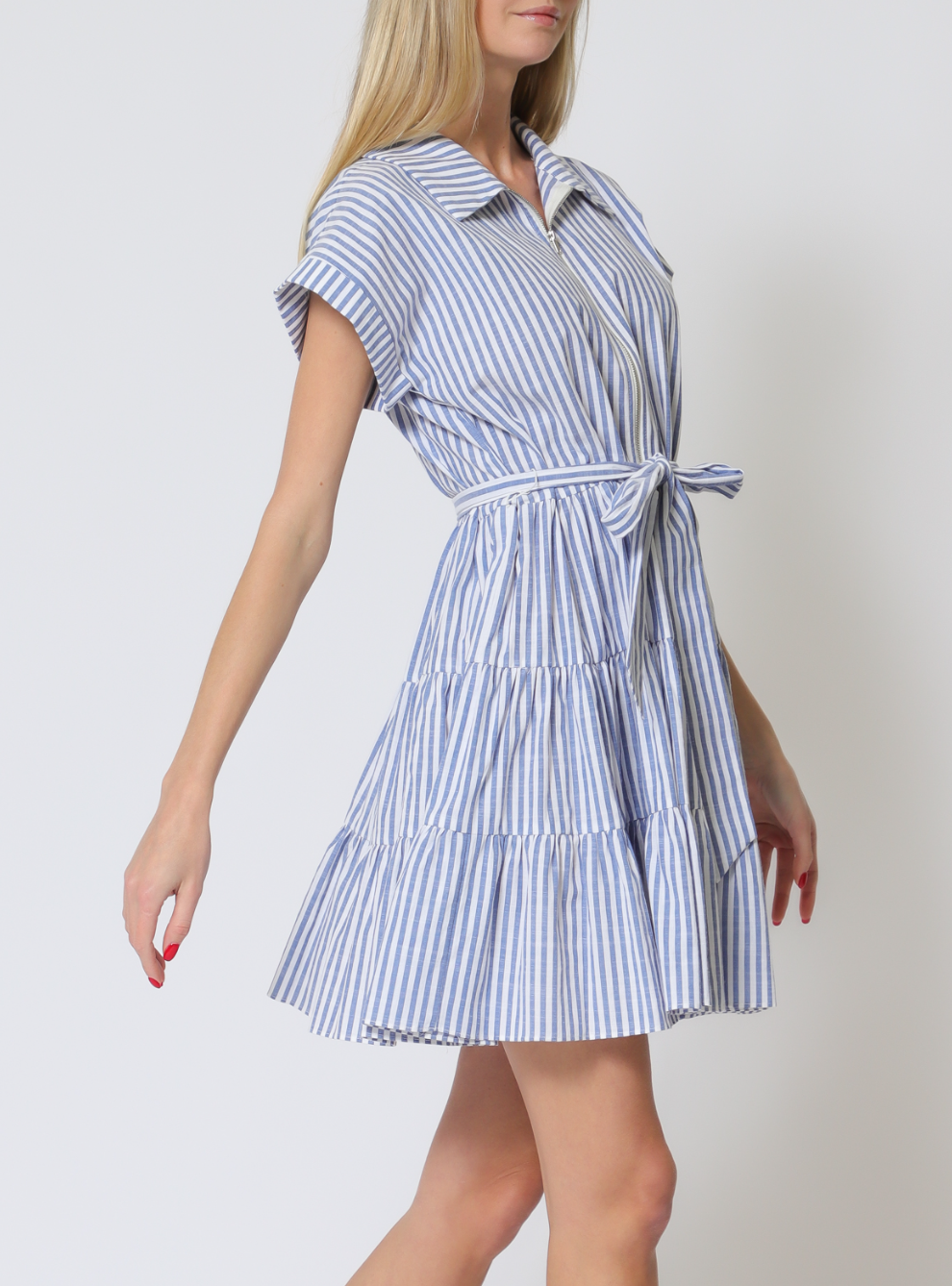 Short Dolman Sleeve Center Front Zipper Tiered Stripe Mini