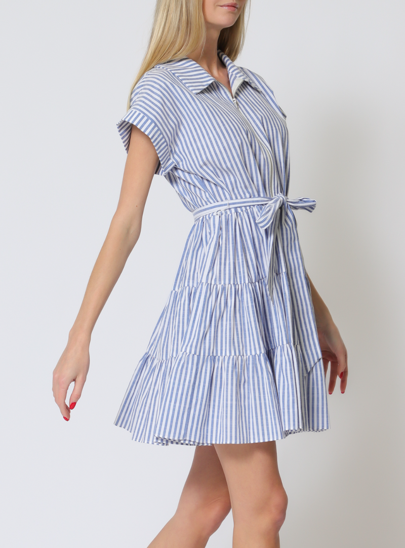 Short Dolman Sleeve Center Front Zipper Tiered Stripe Mini