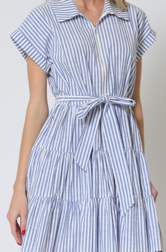 Short Dolman Sleeve Center Front Zipper Tiered Stripe Mini