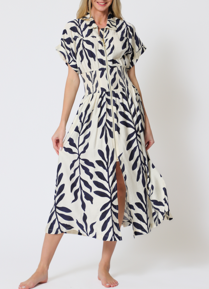Short Dolman Sleeve Front Zipper Elastic Waisted Midi Dress