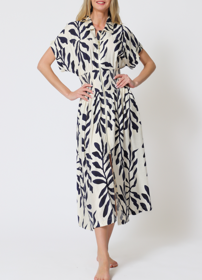 Short Dolman Sleeve Front Zipper Elastic Waisted Midi Dress