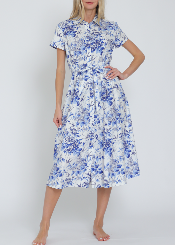 Short Sleeve Button Down Belted Midi Dress