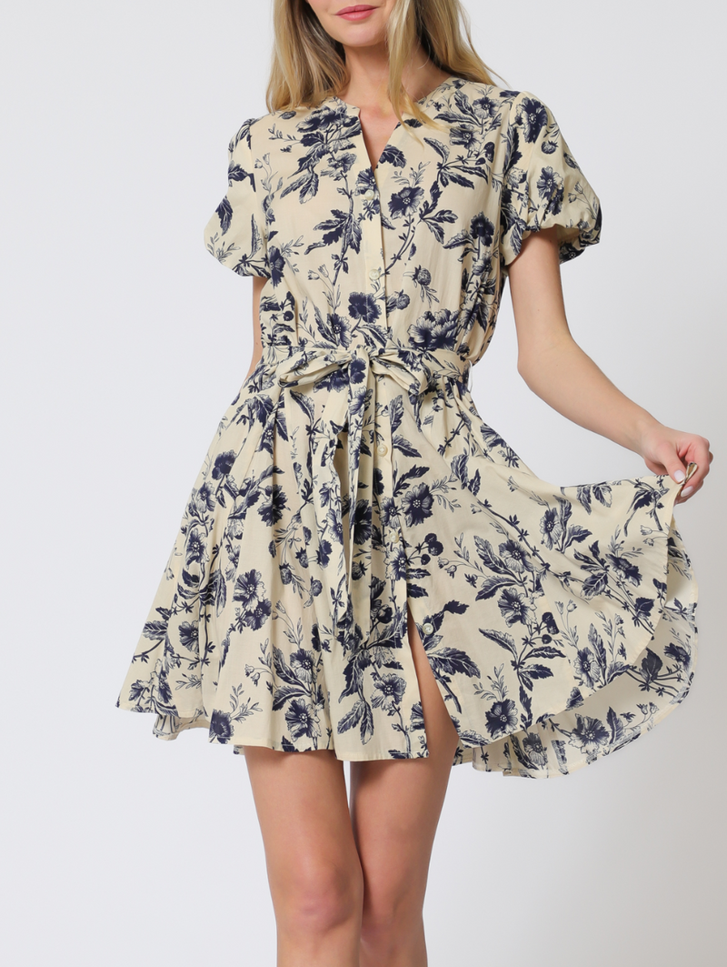 Bubble Short Sleeve Button Down Floral Mini Dress
