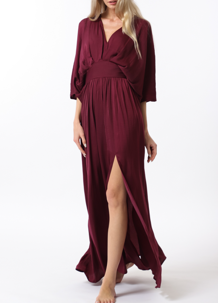 Kimono Sleeve Elastic Back Waisted Maxi Dress Small / Burgundy Kimono Sleeve Elastic Back Waisted Maxi Dress Small / Burgundy