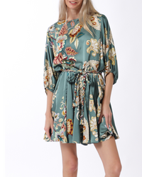 3/4 Dolman Sleeve Braid Belted Floral Print Mini Dress