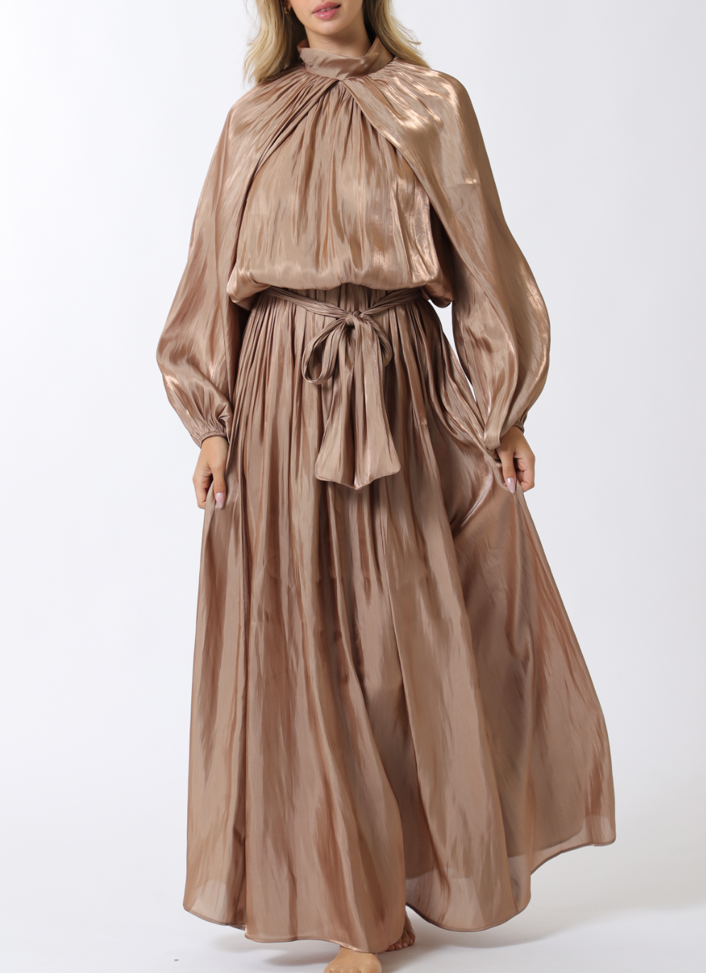 Long Sleeve Elastic Back Organza Maxi Dress Medium / Mocha Long Sleeve Elastic Back Organza Maxi Dress Medium / Mocha