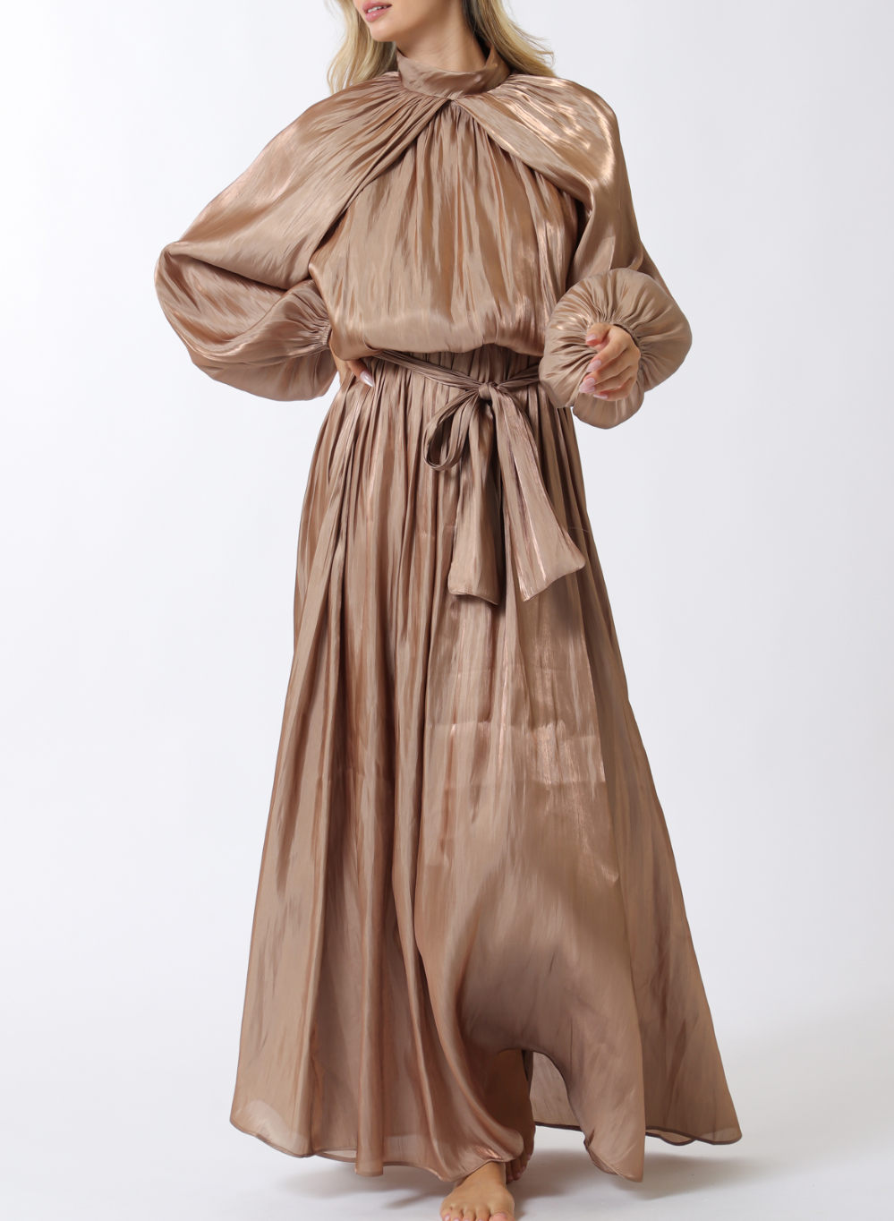 Long Sleeve Elastic Back Organza Maxi Dress
