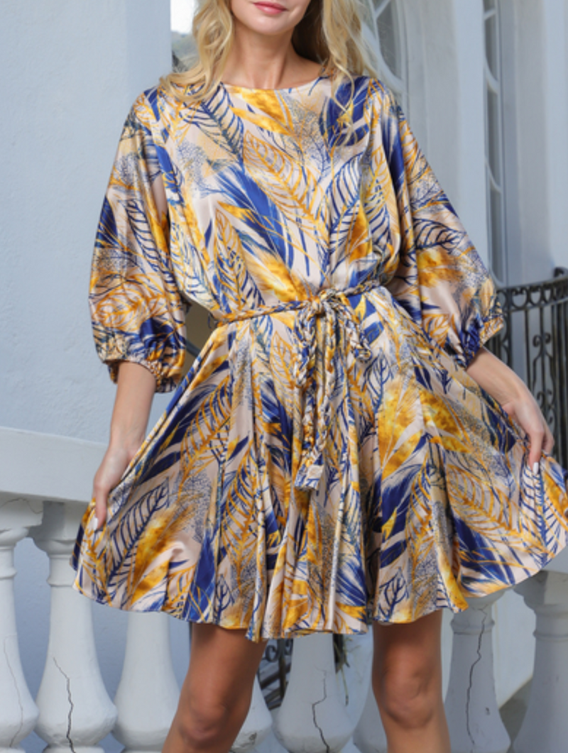 3/4 Dolman Sleeve Braid Belted Ruffle Hem Mini Dress