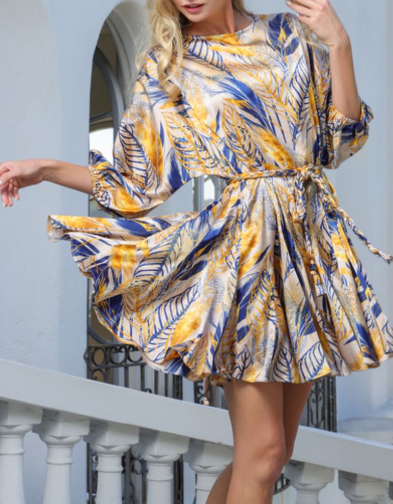 3/4 Dolman Sleeve Braid Belted Ruffle Hem Mini Dress